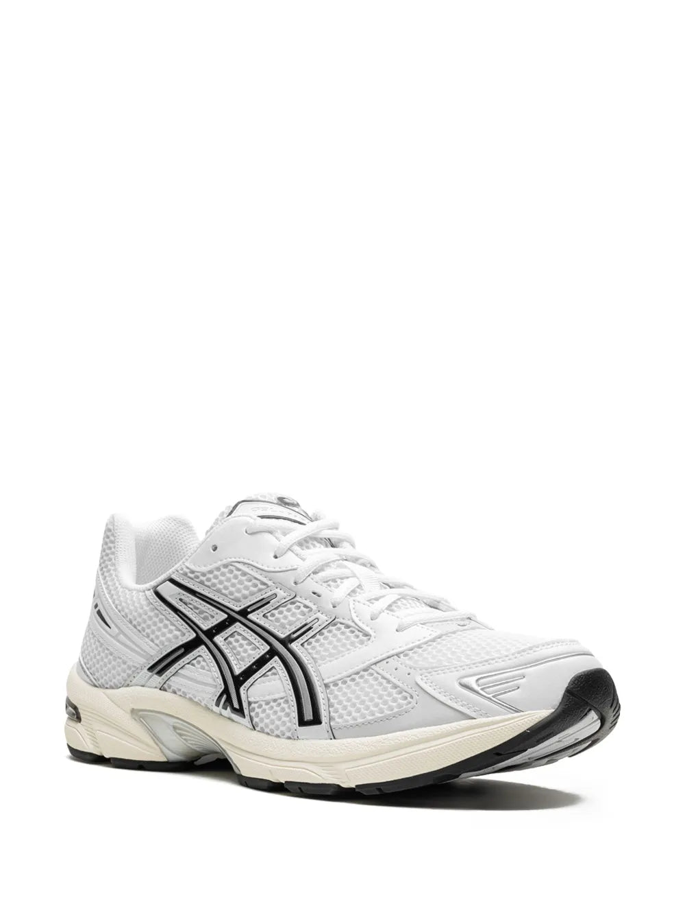 White and grey Asics running sneakers, mesh upper, black logo on side