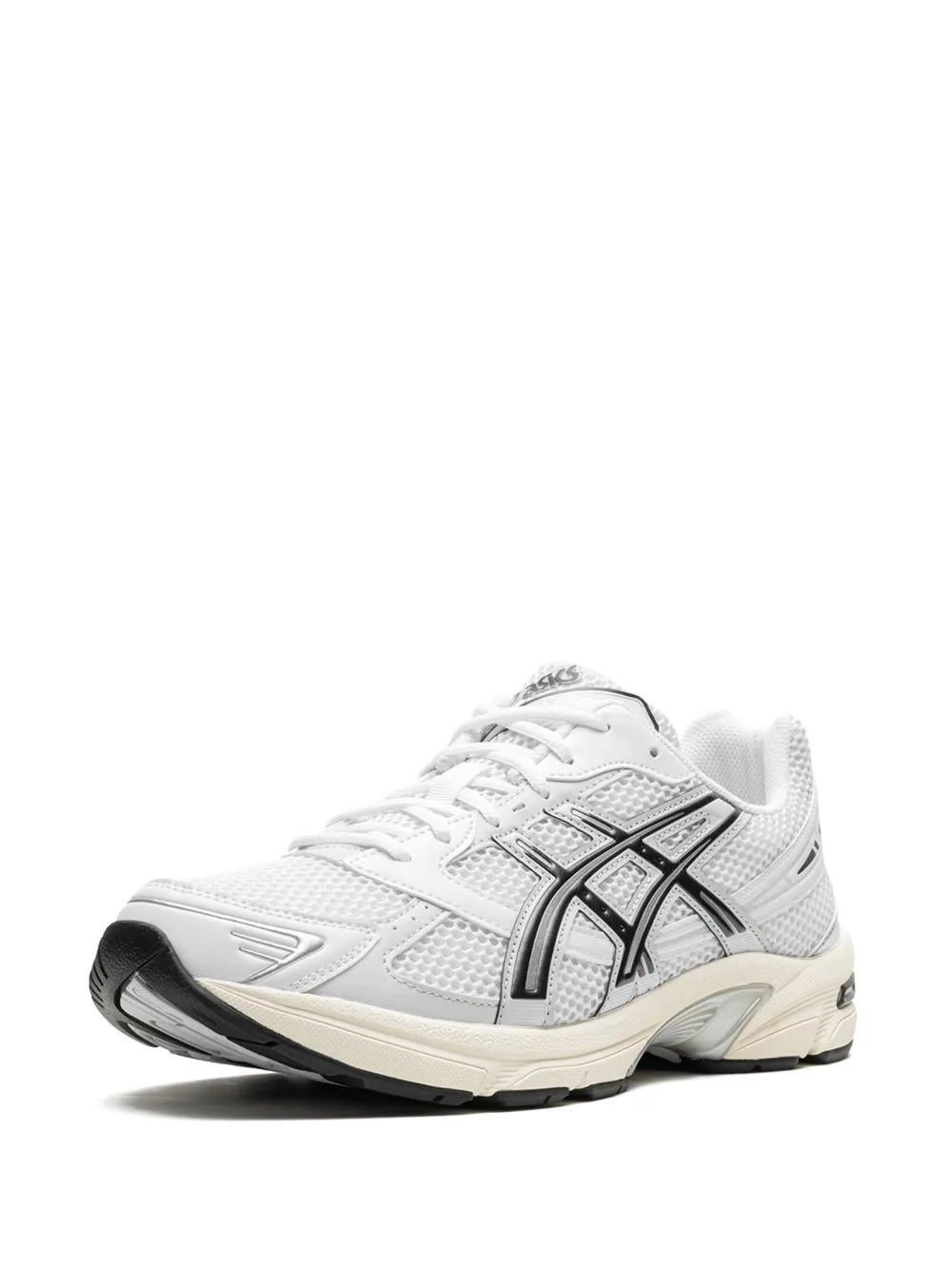 White mesh sneakers with black logo and laces, low-profile heel