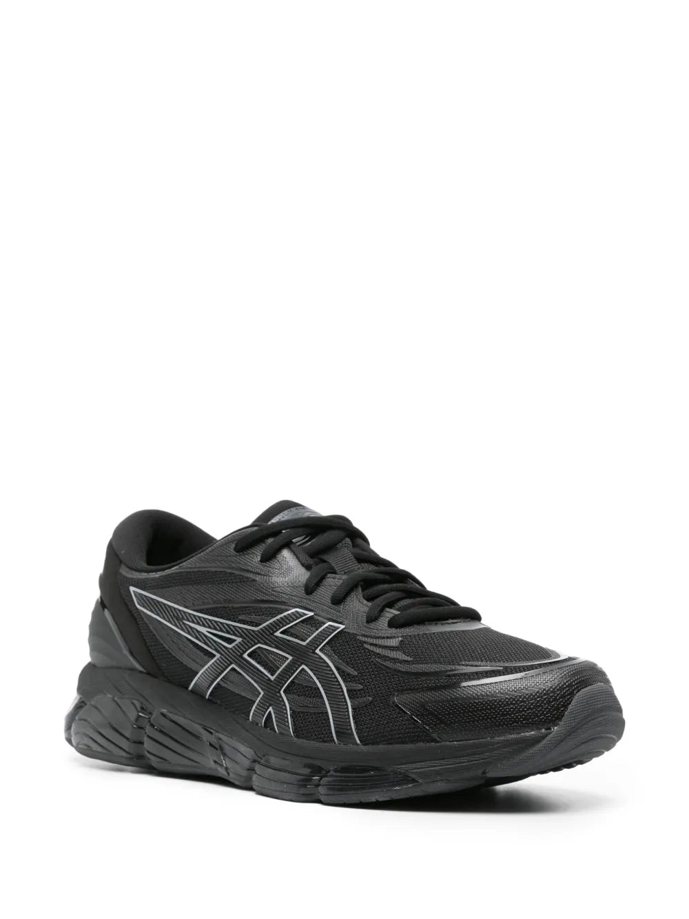 Black Asics lace-up running sneaker, side view with Asics logo