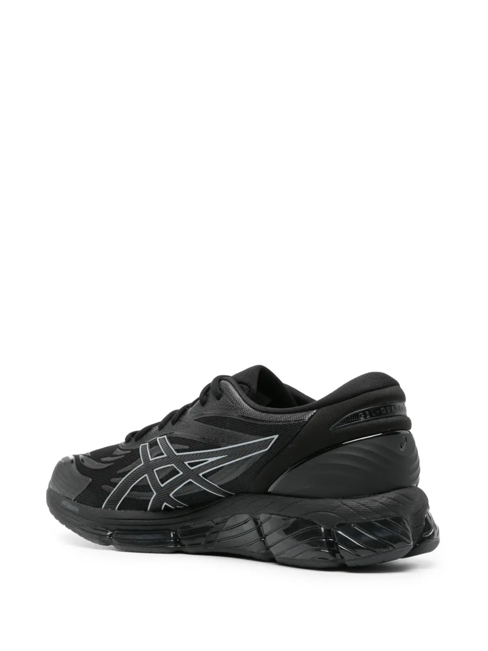 Black Asics lace-up running sneaker, heel and midsole detail