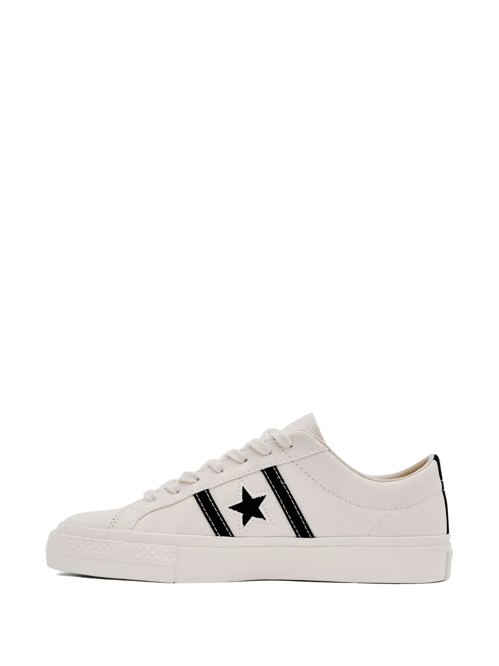 White low-top sneakers with black side stripe and star, lace-up