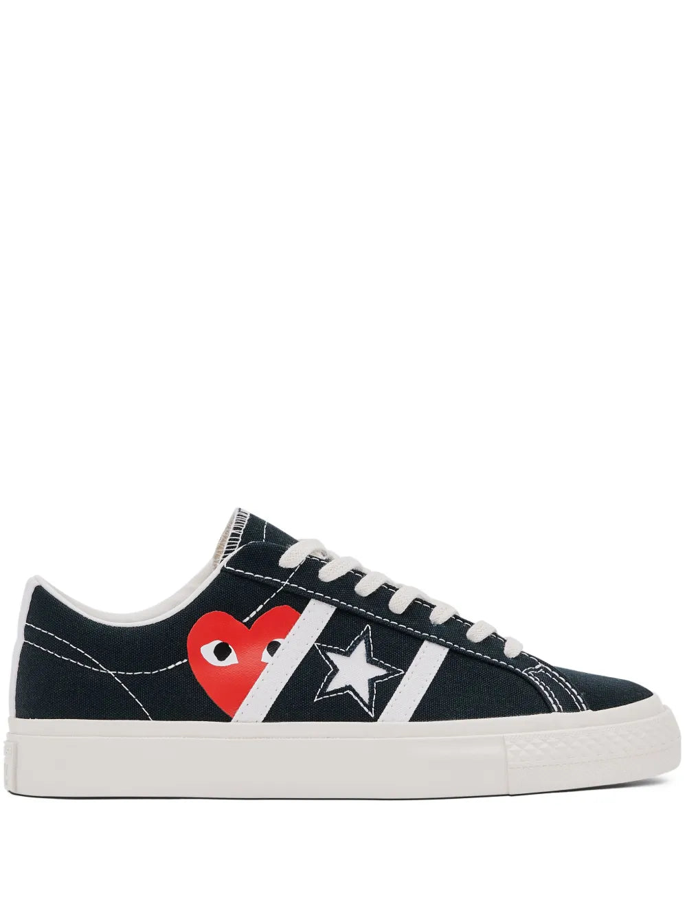 Black low-top sneakers with star and heart graphic, white laces, rubber sole