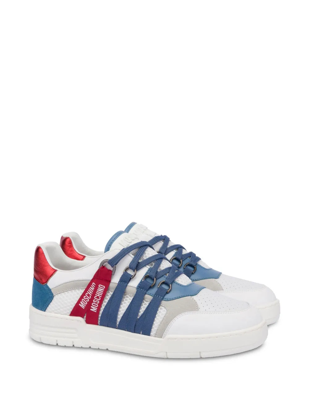 Moschino low-top sneakers in red, white, and blue with lace-up front and side stripes