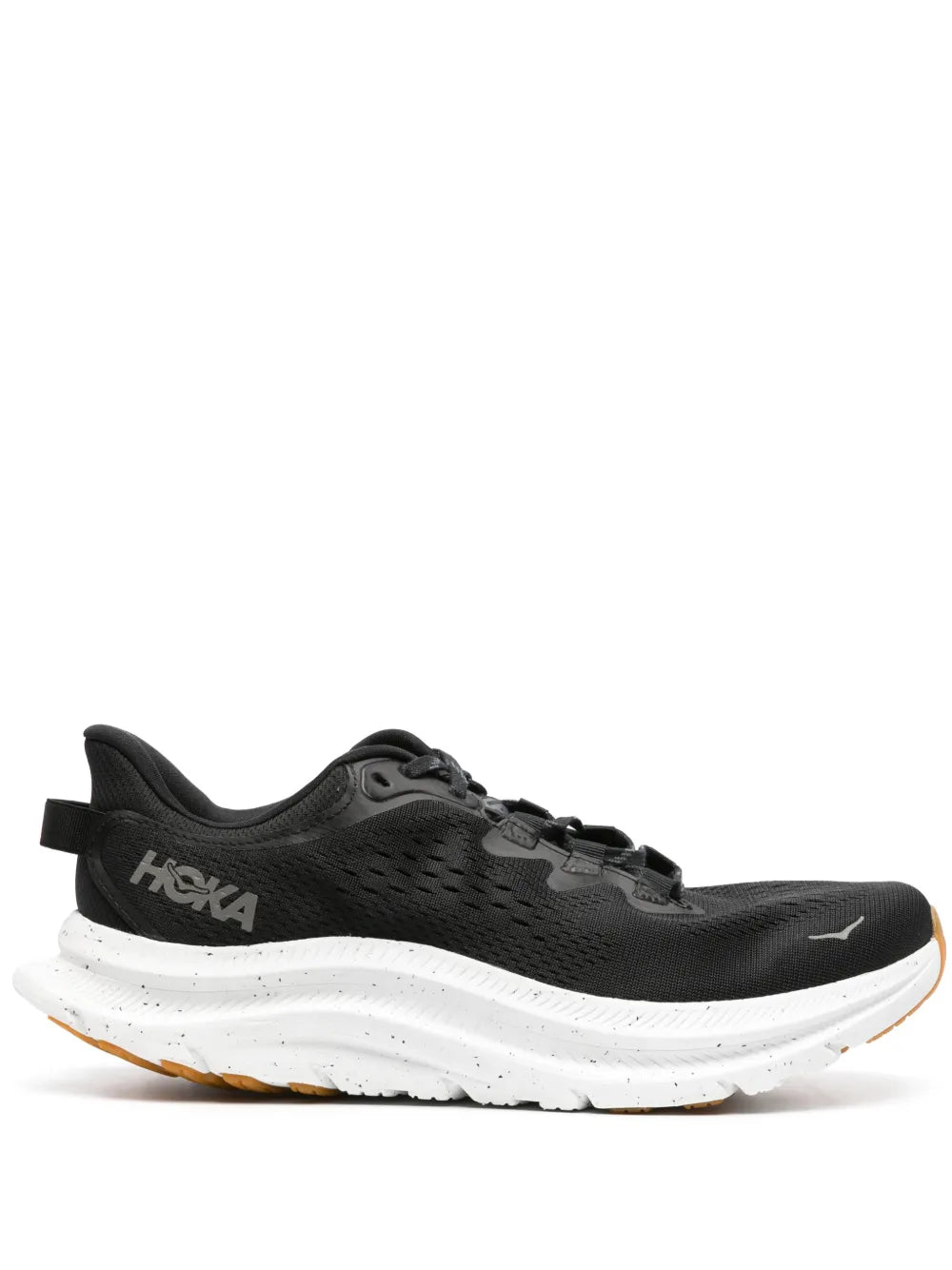 Black lace-up running sneakers with white speckled midsole and HOKA logo