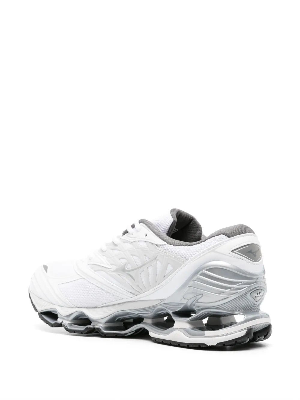 Mizuno Wave Prophecy sneakers, side view of white mesh upper and black-grey midsole