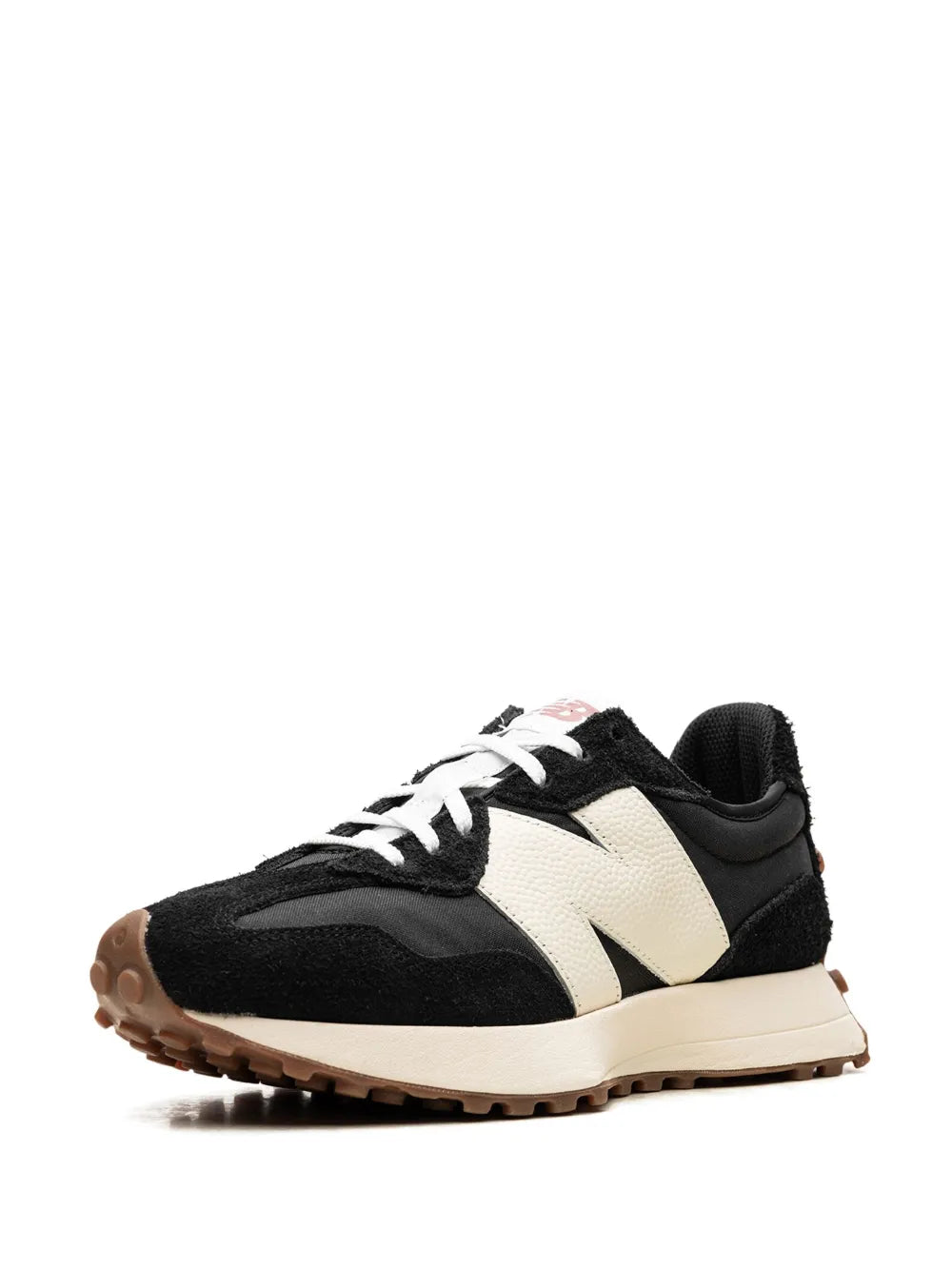 Low-top sneakers front 3/4 view, black uppers with cream/white mid panel