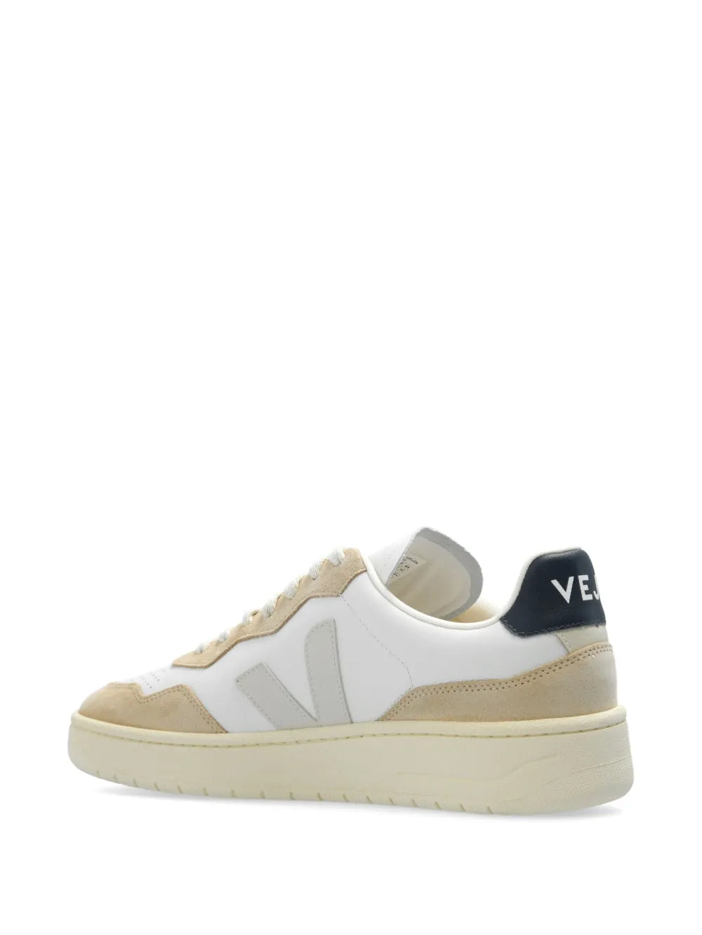 Beige and white lace-up leather sneakers, rear quarter view with VEJA heel