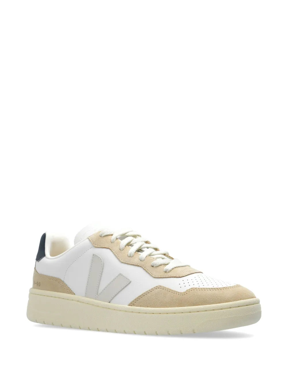 Beige and white lace-up leather sneakers, side view with V logo panel
