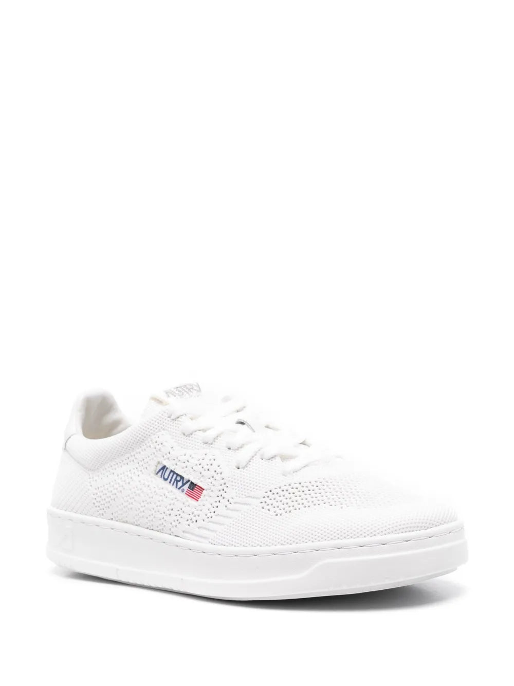 White knit low-top sneakers, lace-up style, with small Autry logo badge
