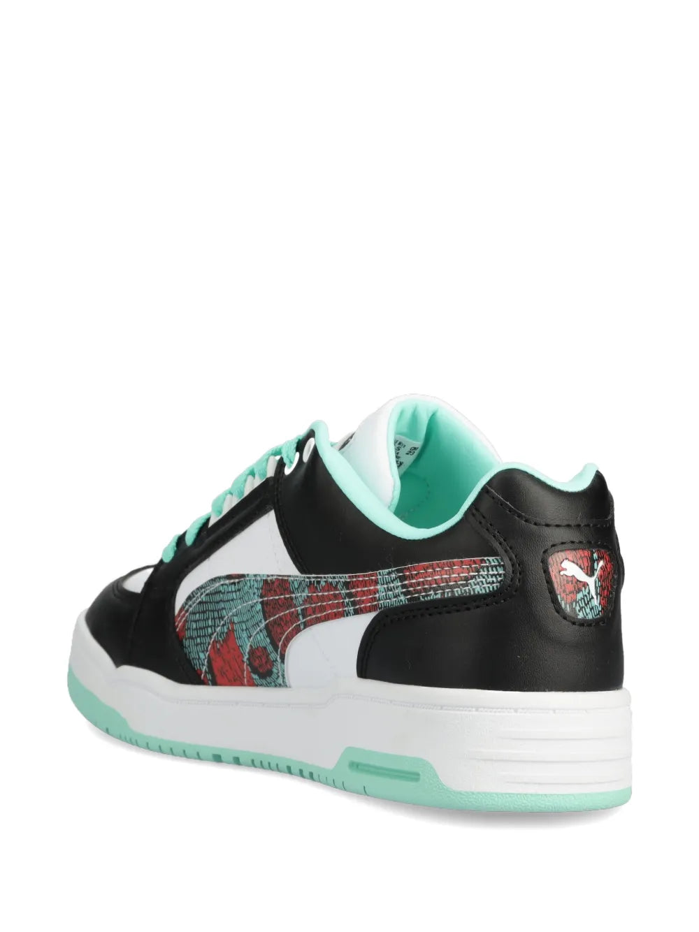 Black and mint low-top sneakers with white side panel and mint-trim heel