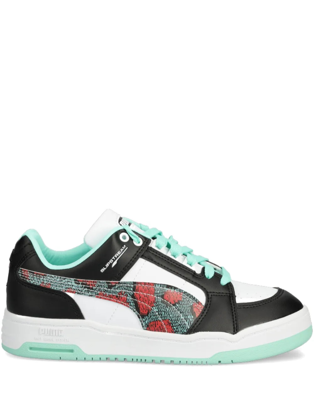 Black and mint low-top sneakers with white toe and mint laces, side graphic