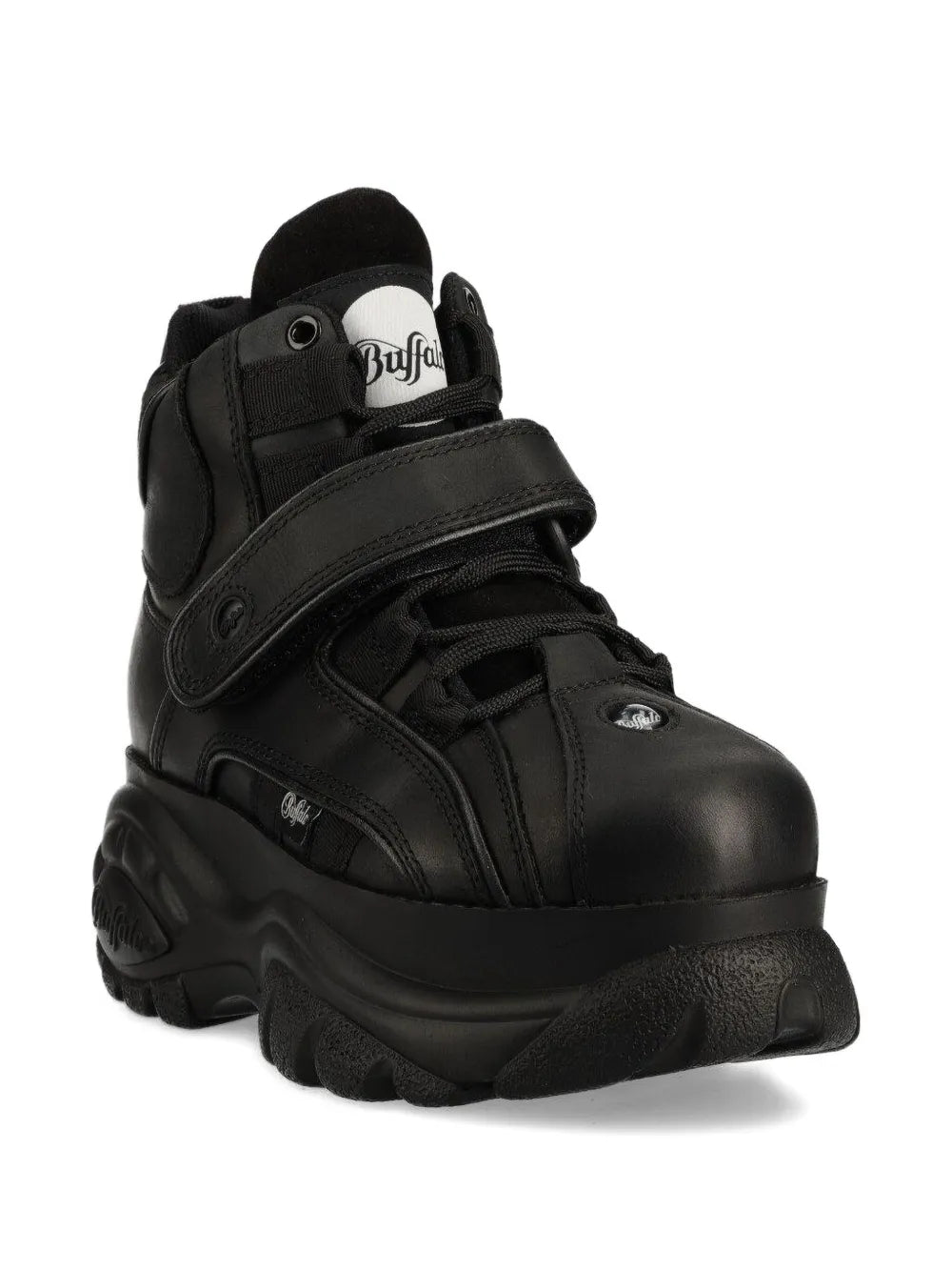 Black high-top chunky boots with side logo patch and hook strap