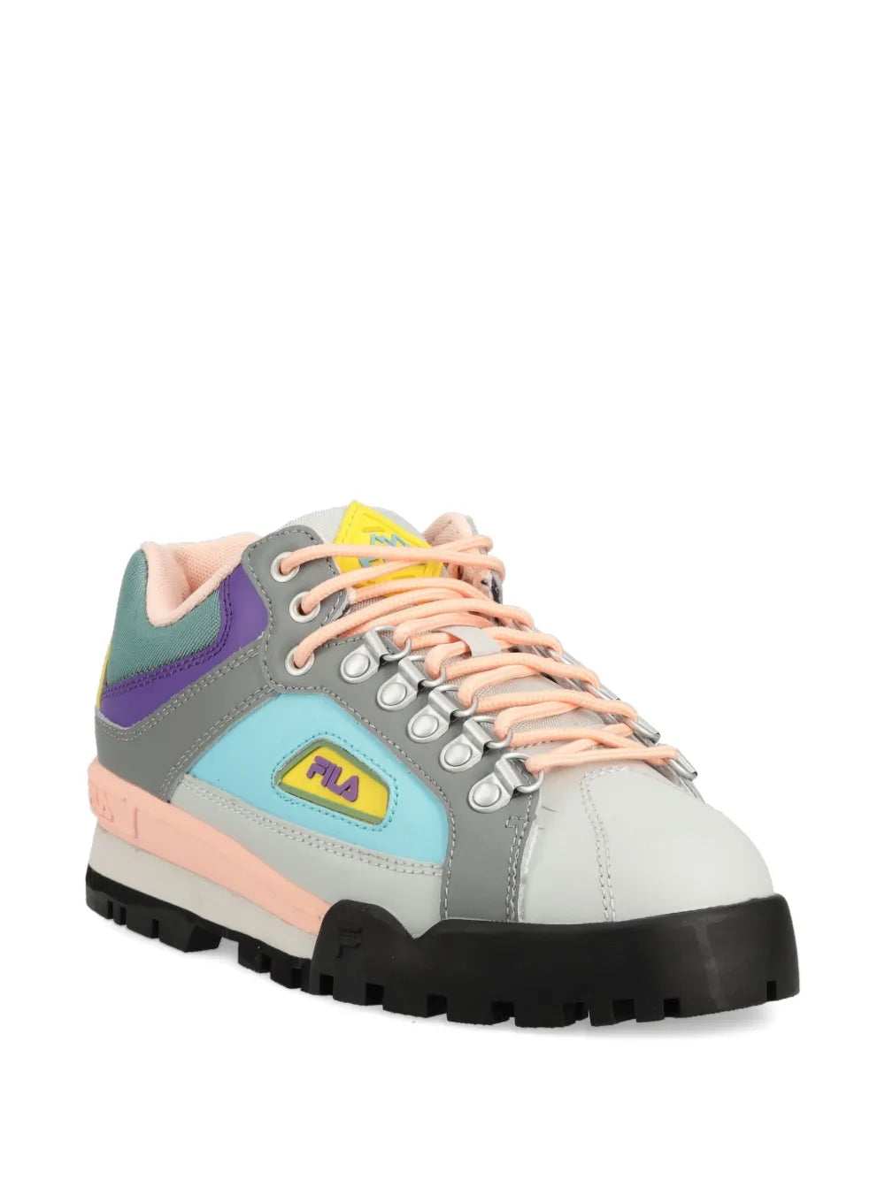 Grey multi-color Fila lace-up trainers with peach laces, teal and purple panels