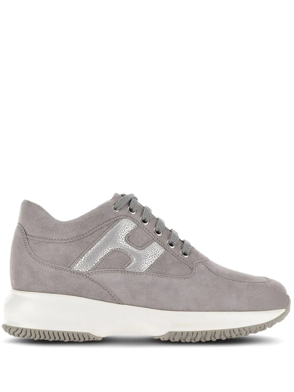 Grey suede Hogan low-top sneaker, silver H applique, lace-up, white sole.