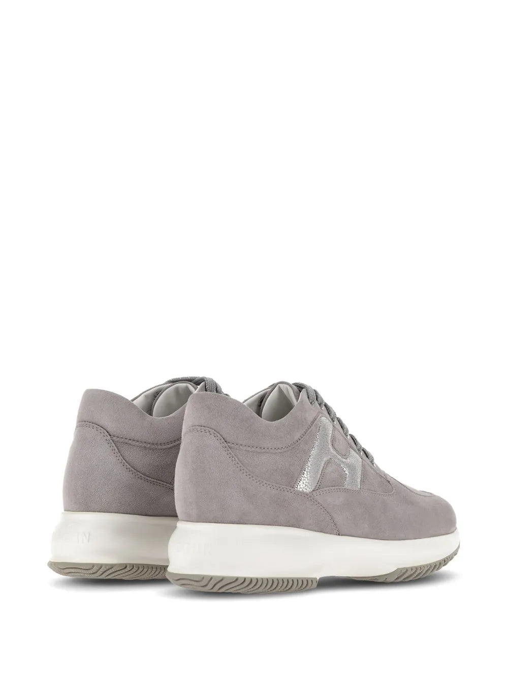Grey suede Hogan low-top sneaker, rounded toe, lace-up, chunky sole.