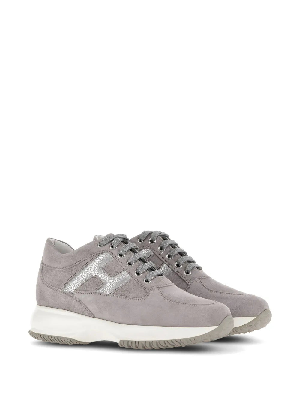 Grey suede Hogan low-top sneaker, metallic side panel, lace-up, cushioned sole.