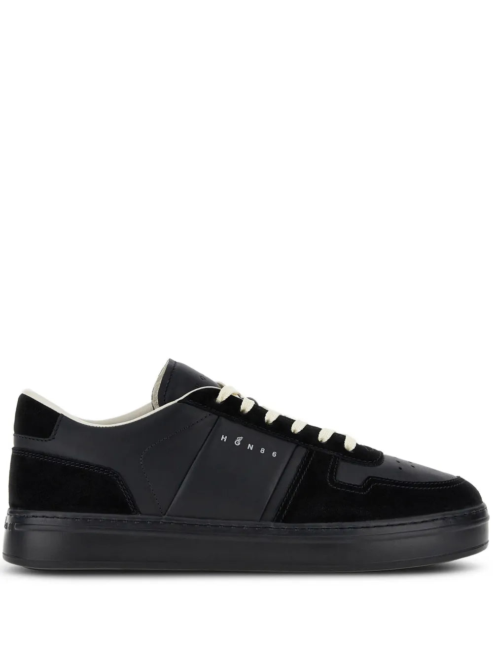 Black low-top sneakers with off-white laces and Hogan logo on side