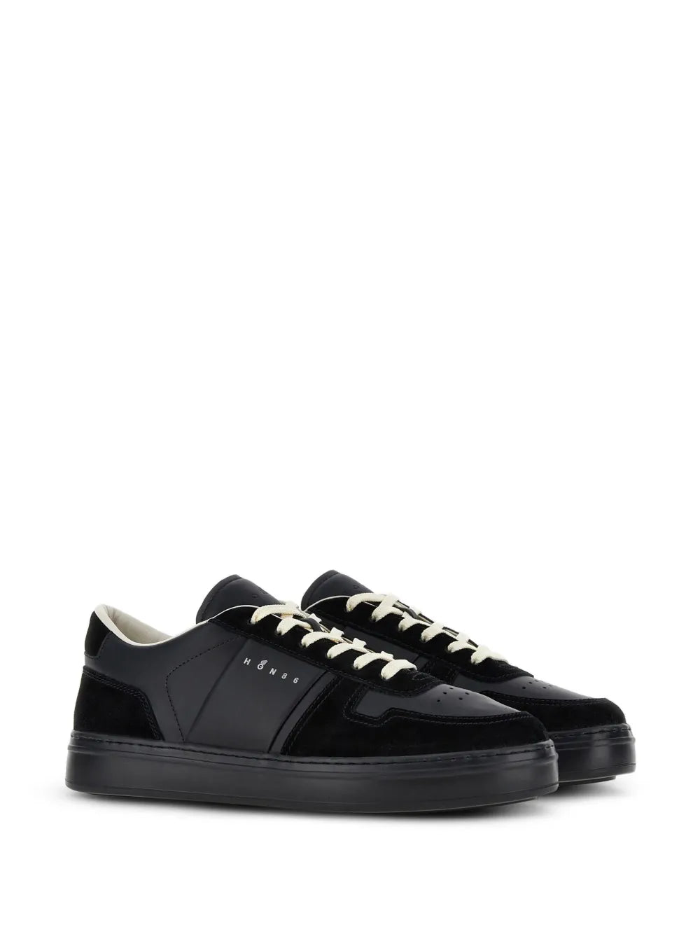 Black low-top sneakers with off-white laces and side panel overlay detail