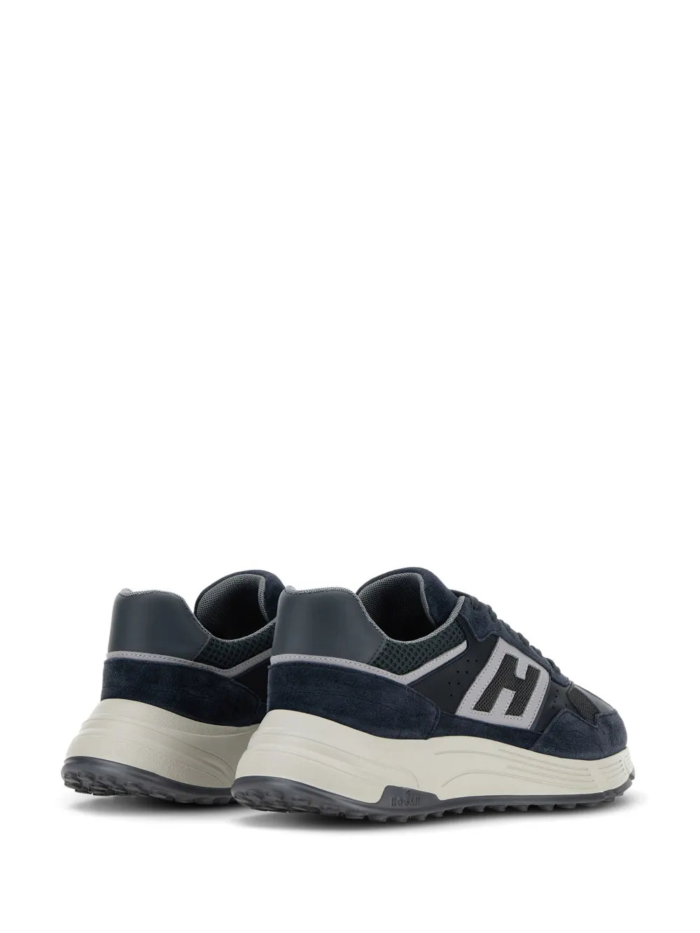 Hogan Hyperlight low-top sneakers, heel and side view, dark navy suede-like panels