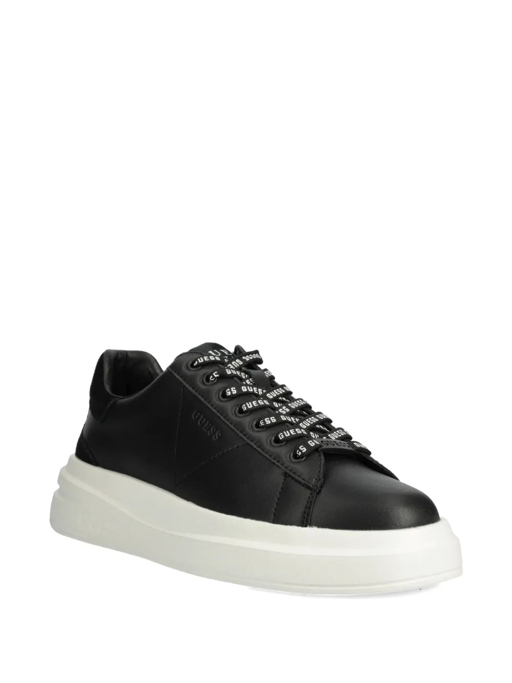 Black Guess Elba low-top sneakers, side view with lace-up eyelets and white sole