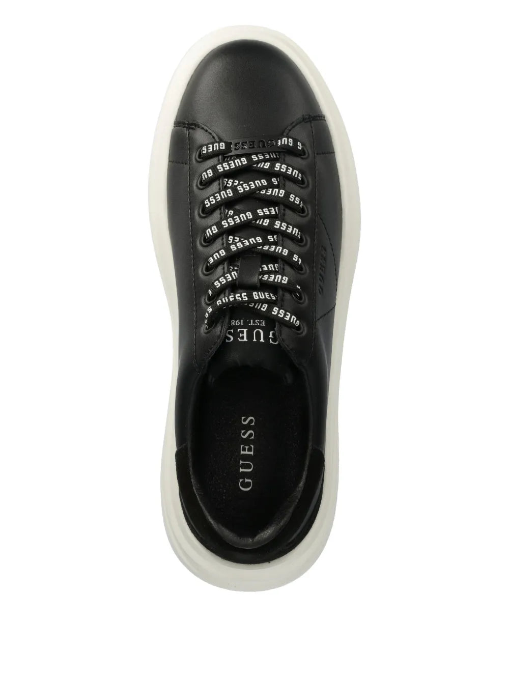 Black Guess Elba sneaker toe view with lace pattern and Guess branding on insole