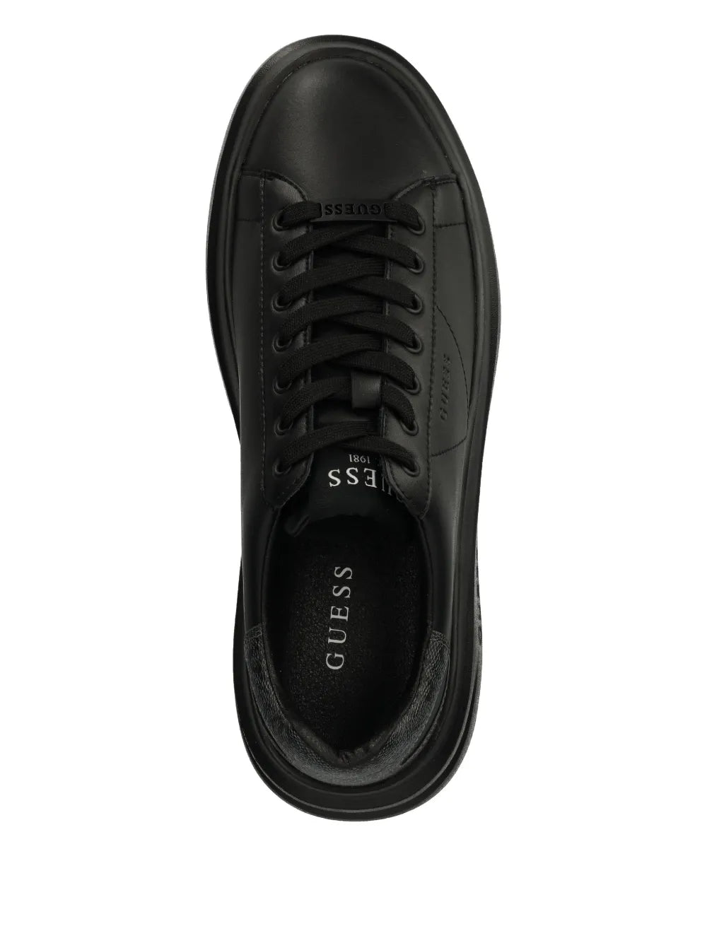 Guess Elba 4G black sneakers, top view with lace-up and logo insole