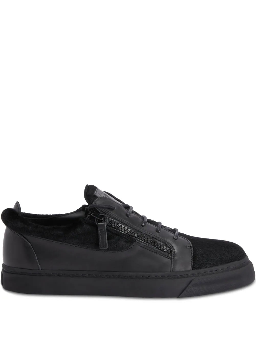 Black low-top sneakers with lace-up and side double zippers, rubber sole