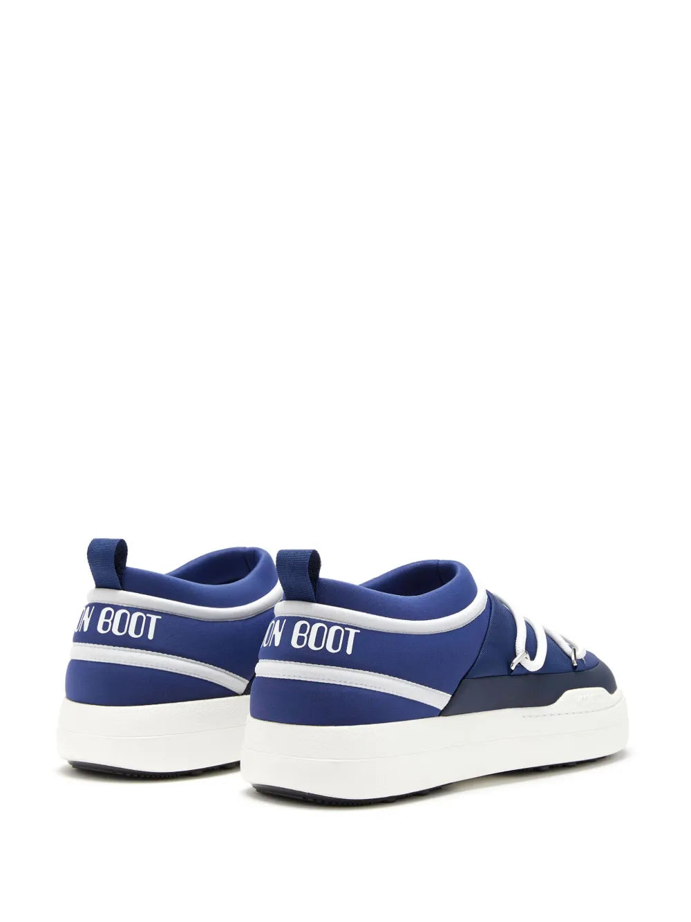 Pair of navy blue logo-print sneakers with white rubber soles and rear view