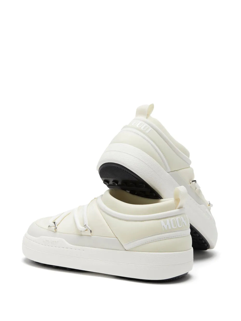 Off-white Moon Boot logo-print sneakers, angled side view with lace-up straps.
