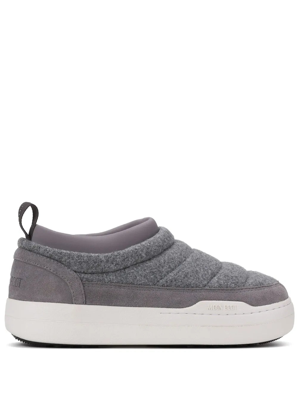 Ash grey felt slip-on sneakers with logo print and white rubber sole