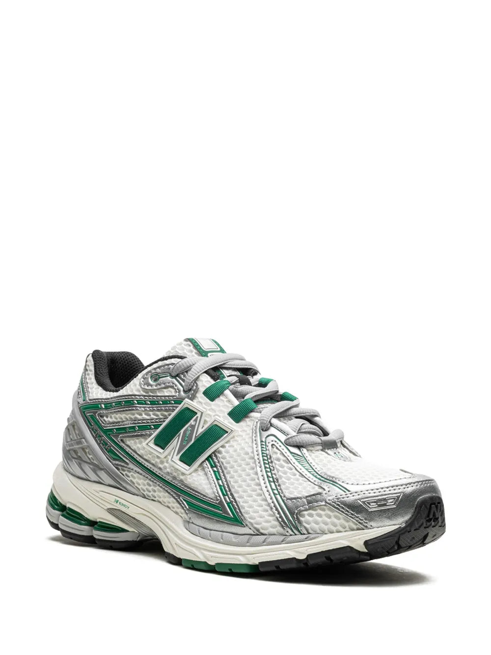 New Balance 1906R lace-up sneakers, side view, white and silver with green stripes