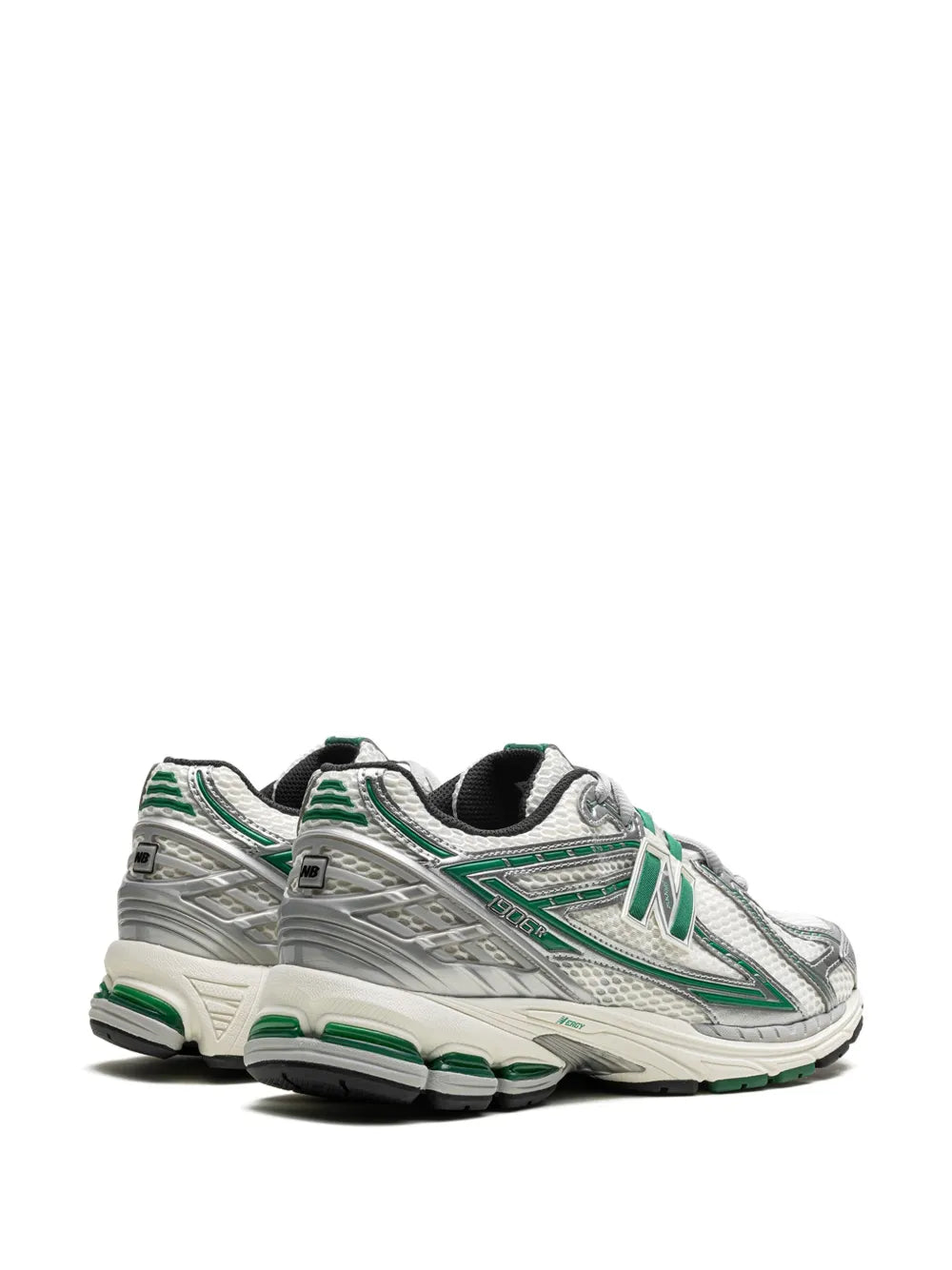 New Balance 1906R sneakers, angled side view, white/silver uppers with green details