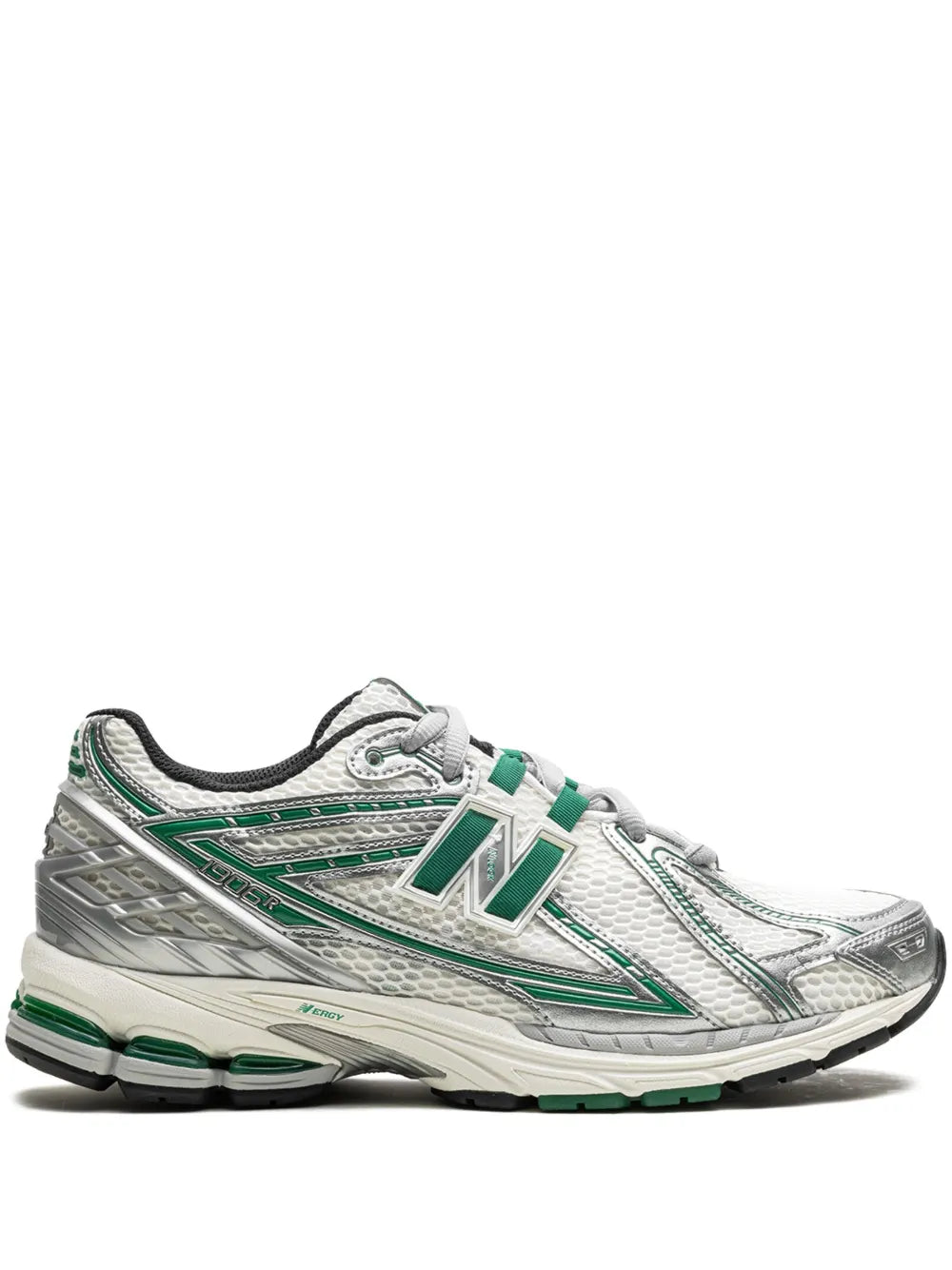 New Balance 1906R lace-up sneakers in white/silver with green accents and black collar