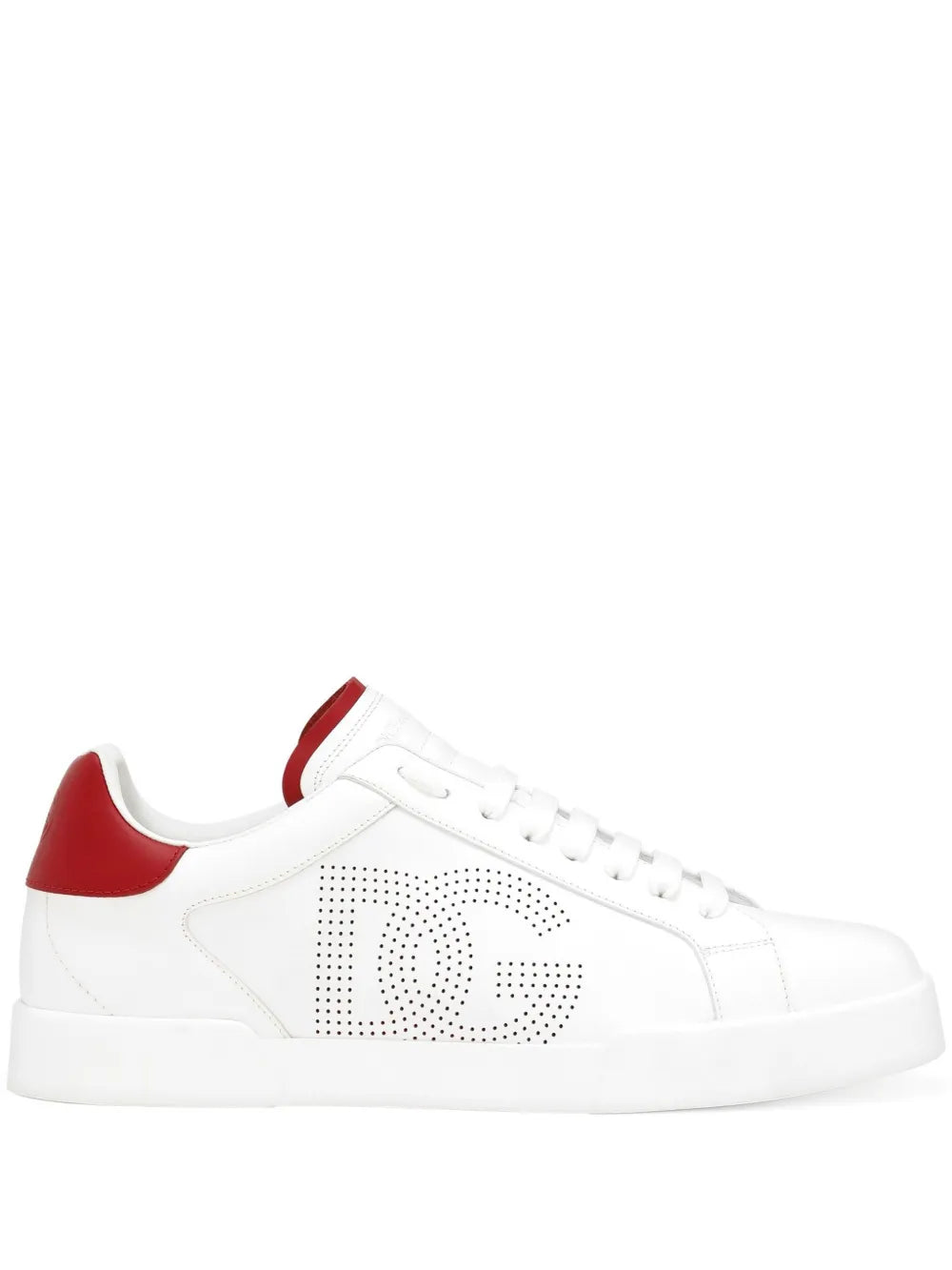 Dolce & Gabbana Portofino white sneakers, red heel panel, perforated DG logo