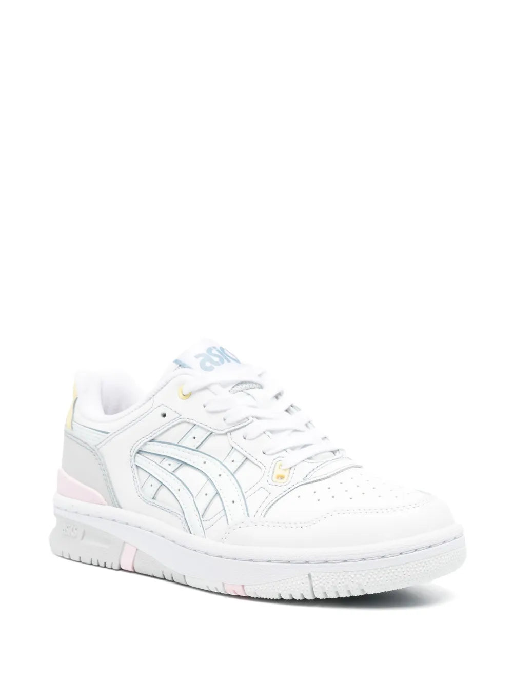 White leather lace-up sneakers with blue Asics stripes and multicolor side accents