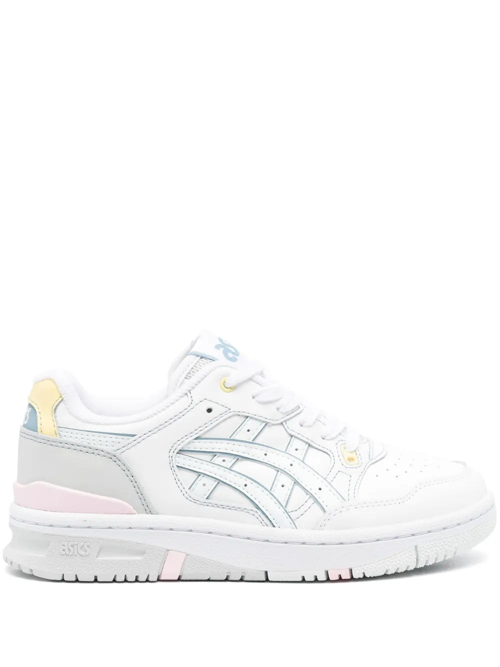 White leather lace-up sneakers with Asics logo, blue stripes, and pink/ yellow accents