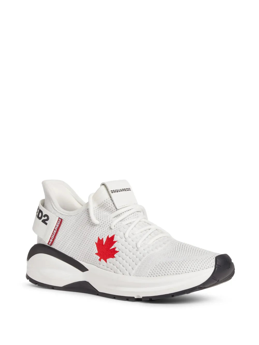 White Dsquared2 low-top sneakers with red maple leaf logo and black outsole