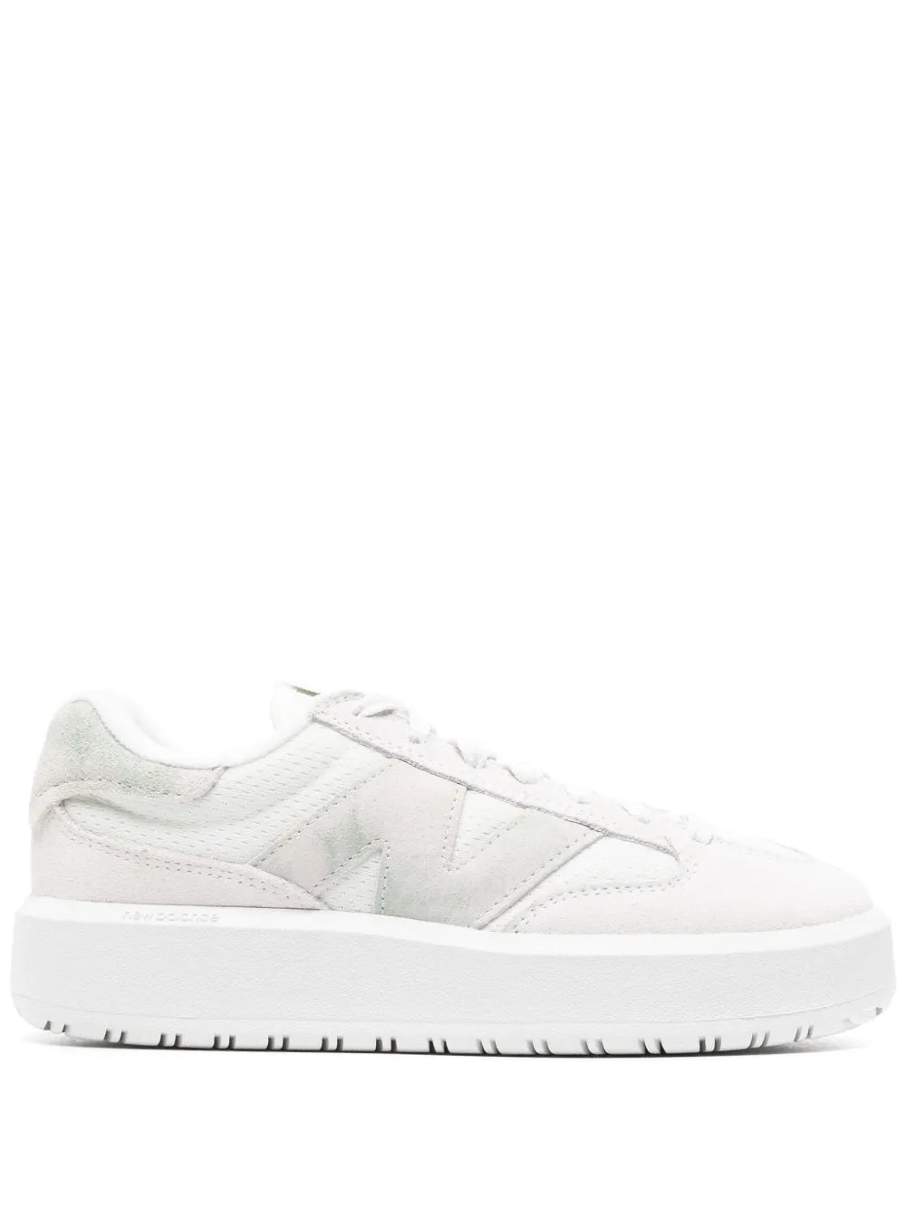New Balance suede sneakers, white with green accents and lace-up design