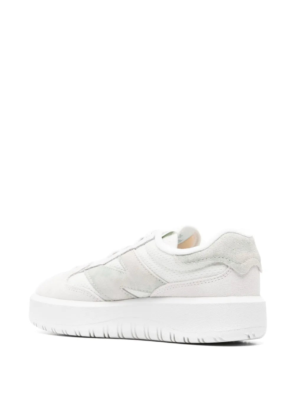 New Balance suede sneakers, white upper with green heel panel and rubber sole