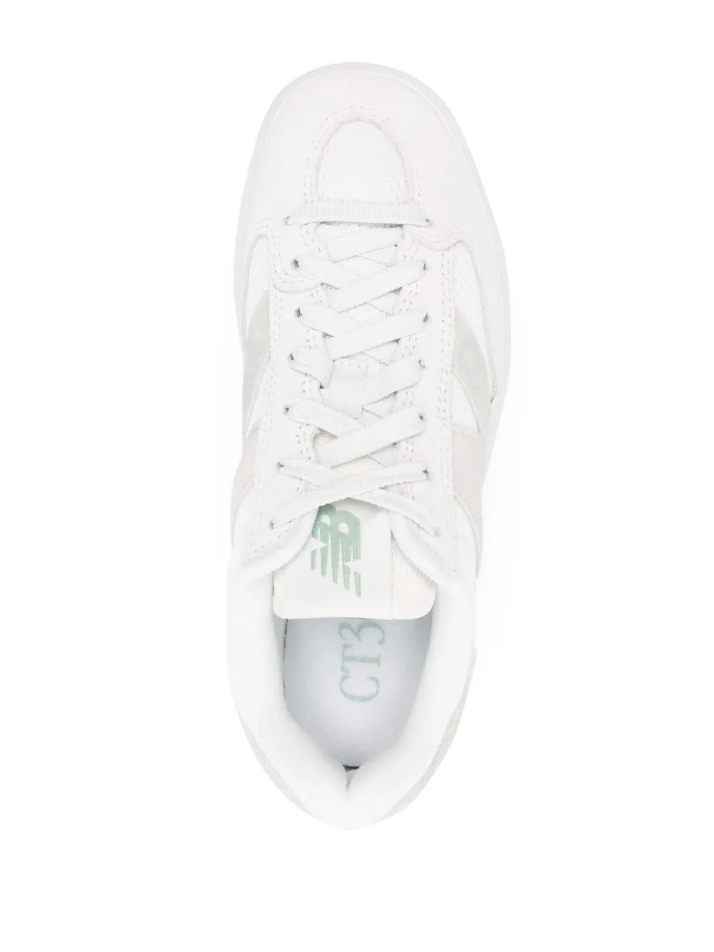 New Balance suede sneakers, white lace-up top view with green CT302 label