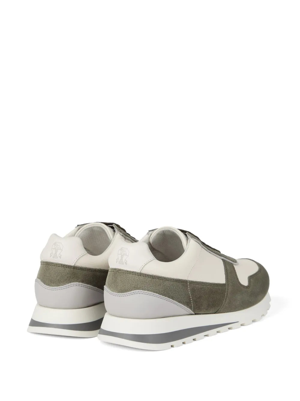 Back view color-block trainers in white and olive green with cushioned heel tab