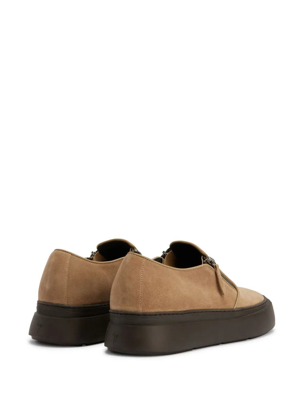 Camel suede low-top sneakers heel view with side zips and black rubber soles