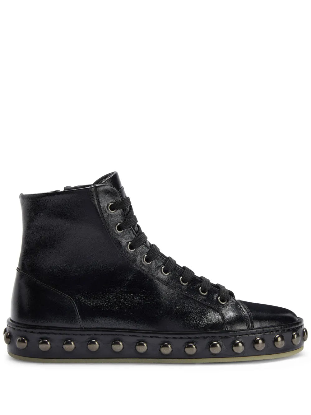 Black leather high-top sneakers with lace-up front and studded rubber sole