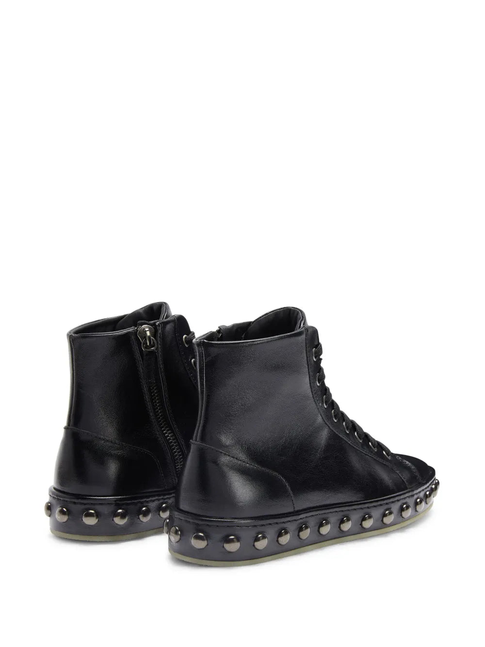 Black leather high-top sneakers with side zip, lace-up design, and studded sole