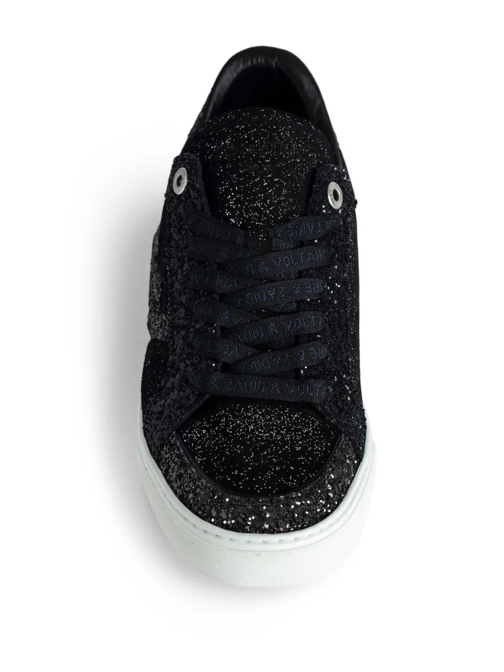 Black glitter low-top sneakers, front view, with lace-up closure