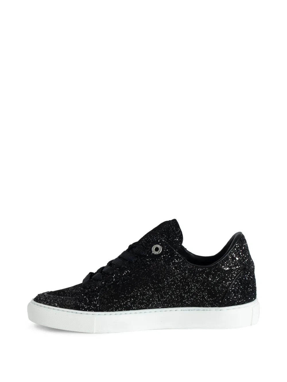 Black glitter low-top sneakers side view with white rubber sole