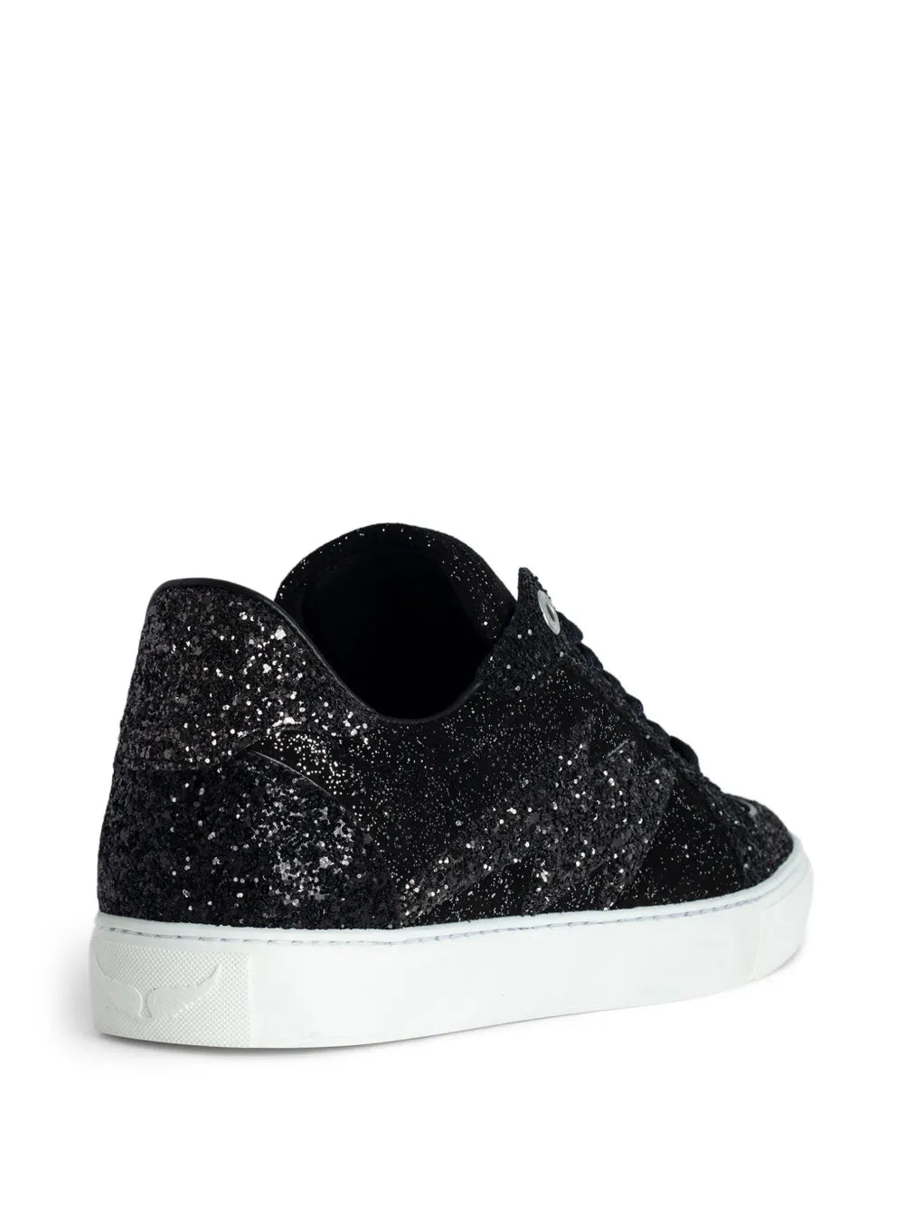 Black glitter low-top sneakers, side view, with white rubber sole