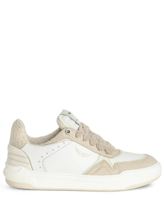 White low-top sneakers with beige suede collar and perforated trim