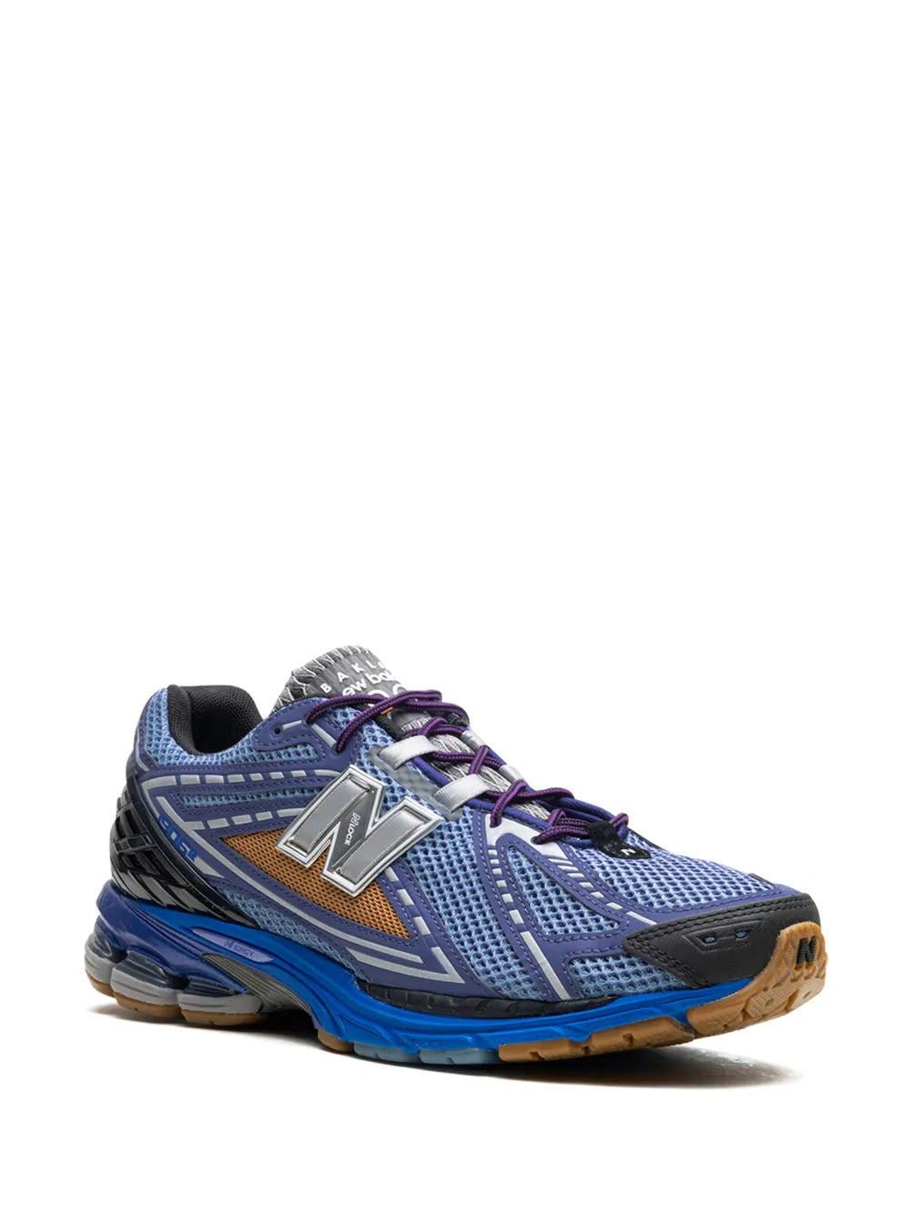 Blue and black lace-up sneakers with large N logo and side panel detail
