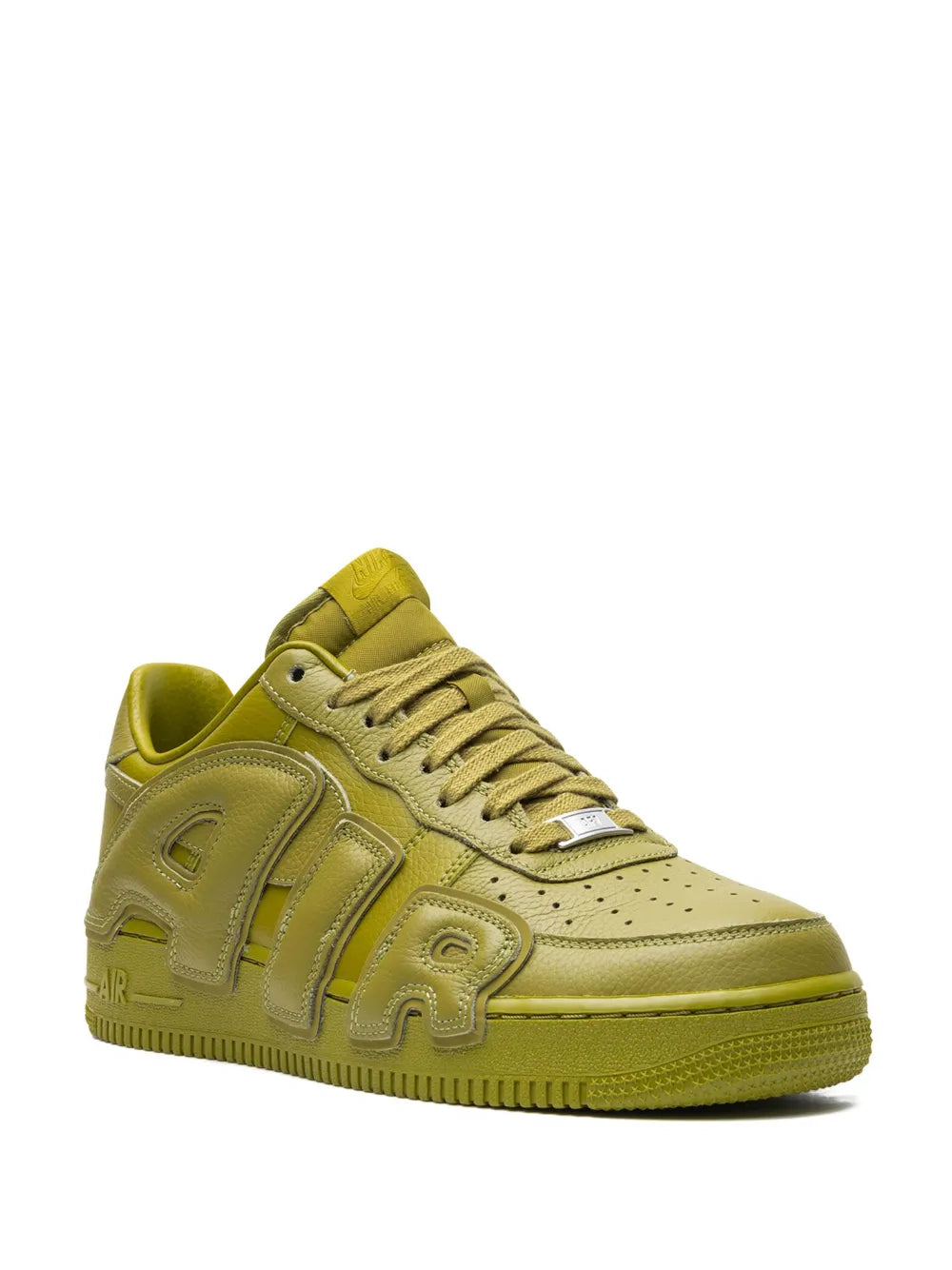 Moss green low-top lace-up sneakers with textured side panels and stitched logo